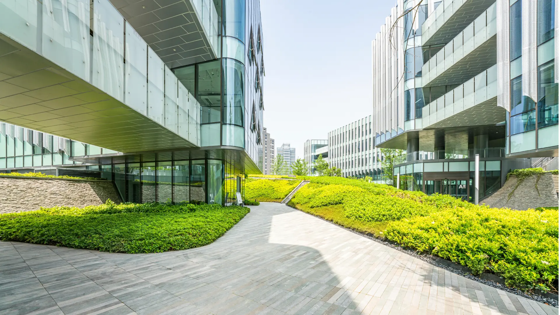 Immaculately maintained grounds at a modern commercial office campus